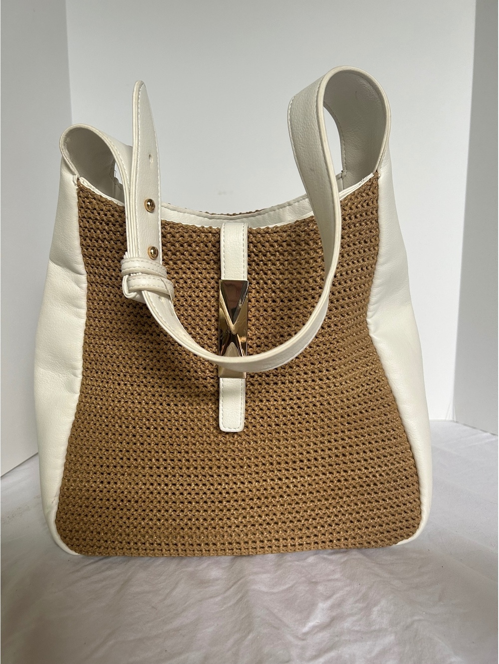 INC Brown and White Woven Tote Bag with Adjustable Strap and Gold Accent